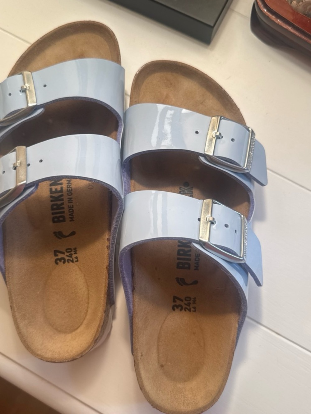 Birkenstock Arizona Patent Sandals in Light Blue.  I didn’t keep the box.